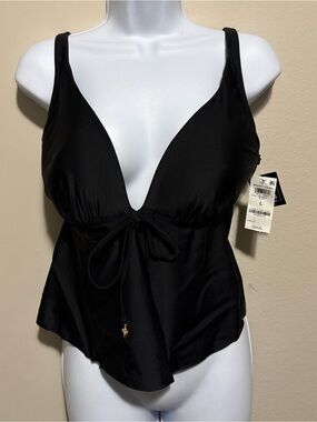 Bar III Black Plunge Bikini Tankini Top with Front Tie